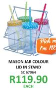 Mason Jar Colour Lid In Stand-Each
