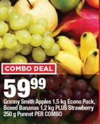 Granny Smith Apples 1.5Kg Econo Pack,Boxed Bananas 1.2Kg Plus Strawberry 250g Punnet-Per Combo