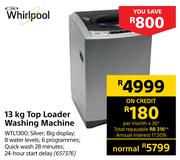Whirlpool 13kg Top Loader Washing Machine WTL1300