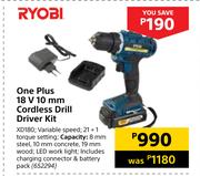 Ryobi One Plus 18V 10mm Cordless Drill Driver Kit XD180