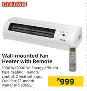 Goldair Wall Mounted Fan Heater With Remote