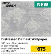 Fired Earth Distressed Damask Wallpaper-530mm x 10m