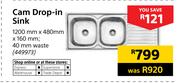 Cam Drop In Sink-1200 mm x 480 mm x 160 mm, 40 mm, Waste