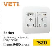 Veti Socket Black 2 x 16 Amp, 1 x Euro, 1 x USB