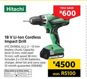 Hitachi 18V Li-Ion Cordless Impact Drill HTC DV18DJL(LL)