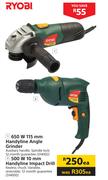 Ryobi 650W 115mm Handyline Angle Grinder/500W 10mm Handyline Impact Drill-Each