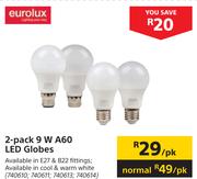 Eurolux 2 Pack 9W A60 LED Globes-Per Pack