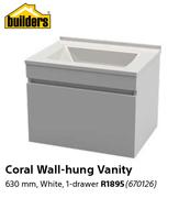 Coral Wall Hung Vanity White 1 Drawer 630mm