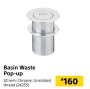 Basin Waste Pop Up 32mm Chrome Unslotted Thread