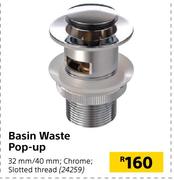 Basin Waste Pop Up 32mm/40mm Chrome Slotted Thread