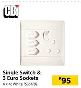 CBi Single Switch & 3 Euro Sockets 4x4 (White)