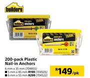 Builders 200 Pack Plastic Nail In Anchors 6mm x 35mm-Per Pack