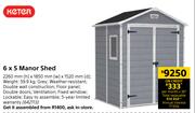 Keter 6 x 5 Manor Shed-2260mm(h) x 1850mm(w) x 1520mm(d)