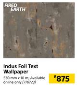 Fired Earth Indus Foil Text Wallpaper-530mm x 10m
