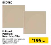 Ecotec Polished Porcelain Nano Ivory Tiles-600mm x 600mm Per Sqm
