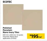 Ecotec Polished Porcelain Nano Ivory Tiles 600mm x 600mm-Per Sqm