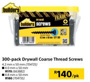 Builders 300 Pack Drywall Coarse Thread Screws 4.8mm x 50mm-Per Pack