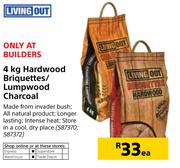 Living Out 4Kg Hardwood Briquettes/Lumpwood Charcoal-Each