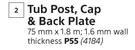 Tub Post, Cap & Back Plate-75mm x 1.8m