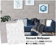 Damask Wallpaper Silver 530mm x 10m