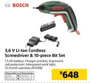 Bosch 3.6V Li-Ion Cordless Screwdriver & 10 Piece Bit Set