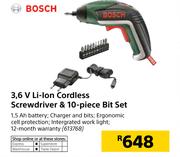 Bosch 3.6V Li-Ion Cordless Screwdrivers & 10-Piece Bit Set