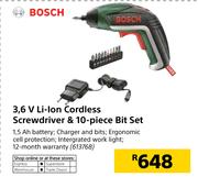 Bosch 3.6V Li-Ion Cordless Screwdriver & 10 Piece Bit Set
