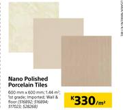 Nano Polished Porcelain Tiles 600mmx 600mm-Per Sqm