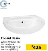 Betta Consul Basin- 490 mm (l) x 575 mm (w) x 160 mm (h)