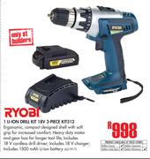 Ryobi 1 Li-Ion Drill Kit 18V 3-Piece Kit312