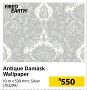 Fired Earth Antique Damask Wallpaper (Silver)-10m x 530mm