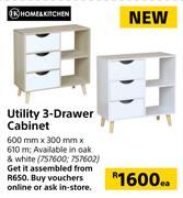 Home & Kitchen Utility 3 Drawer Cabinet-600mm x 300mm x 610m