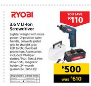 Ryobi 3.6V Li-Ion Screwdriver
