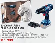 Bosch Imp C/Less Drill GSB & BAT 2.0AH