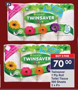 Twinsaver 1 Ply Roll Toilet Tissue 500 Sheets-For 2 x 8's