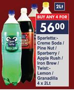 Sparletta Creme Soda/Pine Nut/Sparberry/Apple Rush/Iron Brew/Twist Lemon/Granadilla-4 x 2L