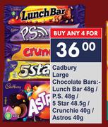 Cadbury Large Chocolate Bars Lunch Bar 48g/P.S 48g/5 Star 48.5g/Crunchie 40g/Astros 40g-For 4