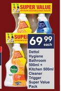 Dettol Hygiene Bathroom 500ml + Kitchen 500ml Cleaner Trigger Super Value Pack-Each