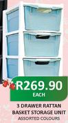 3 Drawer Rattan Basket Storage Unit-Each