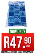 Refuse Bag HD Blue 30 Mic-750mm x 950mm Each
