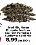 Seed Mix, Green Pumpkin Seeds Or You First Pumkin & Sunflower Seed Mix-Per 100 G
