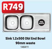 Sink 1.2x500 Double End Bowl (90mm Waste) 146411