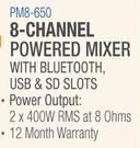 DXN Pro 8 Channel Powered Mixer With Bluetooth, USB & SD Slots PM8-650