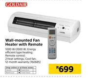 Goldair Wall Mounted Fan Heater With Remote