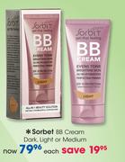 Sorbet BB Cream Dark, Light Or Medium Each