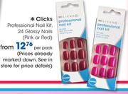 Clicks Professional Nail Kit 24 Glossy Nails(Pink Or Red)-Per Pack