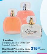 Yardley Gorgeous, Lace Or White Satin Eau De Toilette-50ml Each