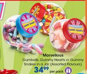 Marvellous Gumballs, Gummy Hearts Or Gummy Snakes In A Jar Assorted Flavours-Per Pack