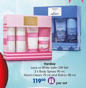 Yardley Lace Or White Satin Gift Set: 2 x Body Sprays-90ml, Hand Cream-75ml & Roll On-50ml Per Set