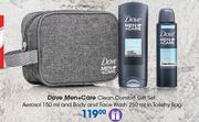 Dove Men+Care Clean Comfort Gift Set: Aerosol-150ml & Body & Face wash-250ml In Toiletry Bag